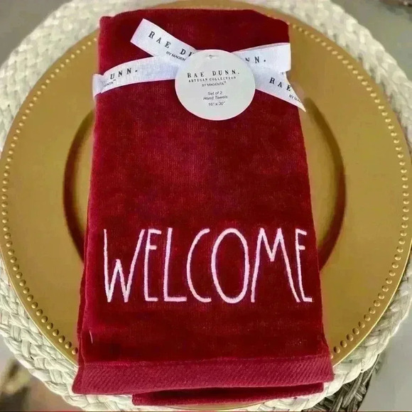 NEW SET of 2 - Rae Dunn - WELCOME - Beautiful Embroidered Burgundy Hand … - Picture 1 of 10